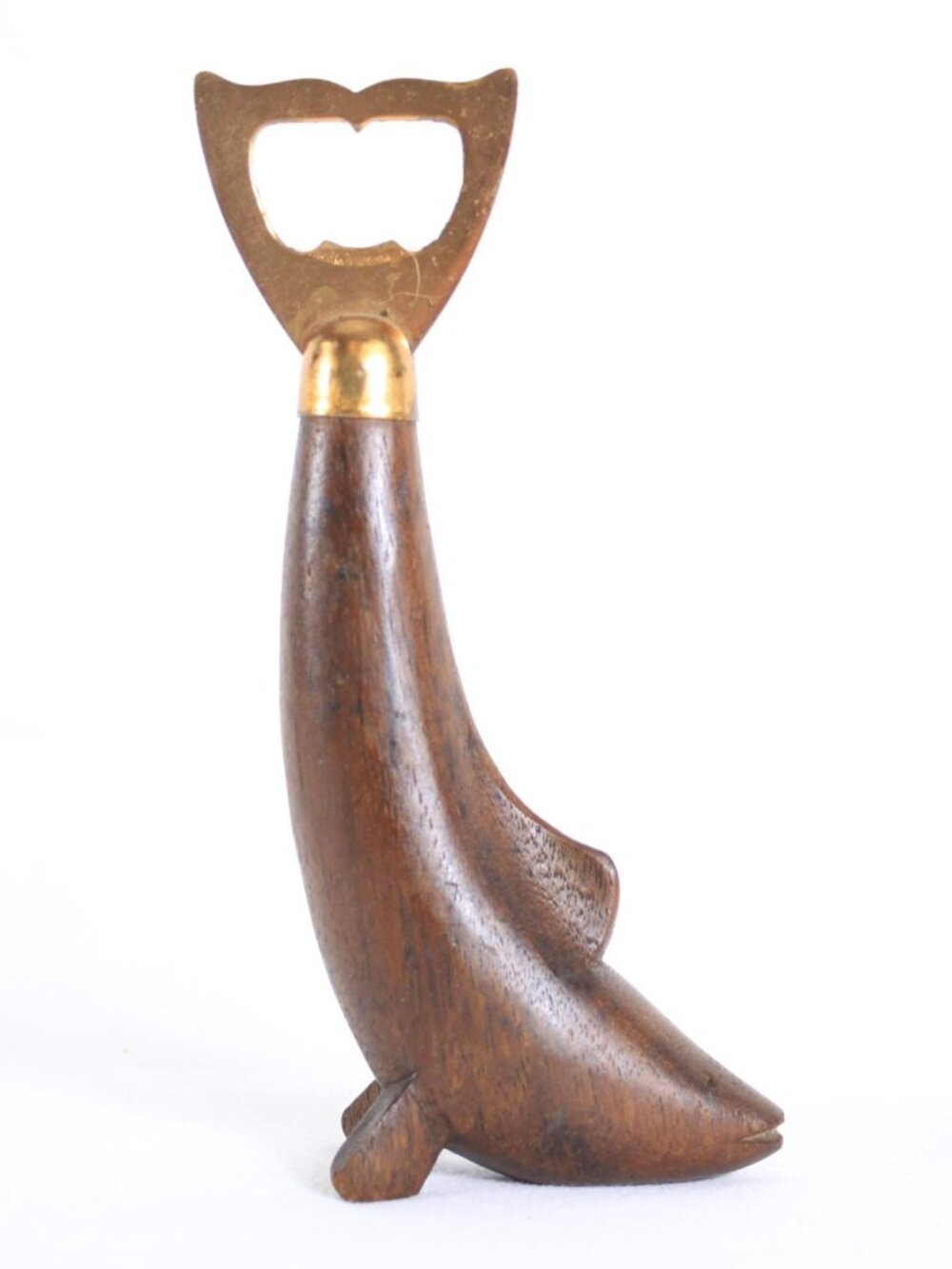 Vintage wooden dolphin bottle opener, signed mcm barwares